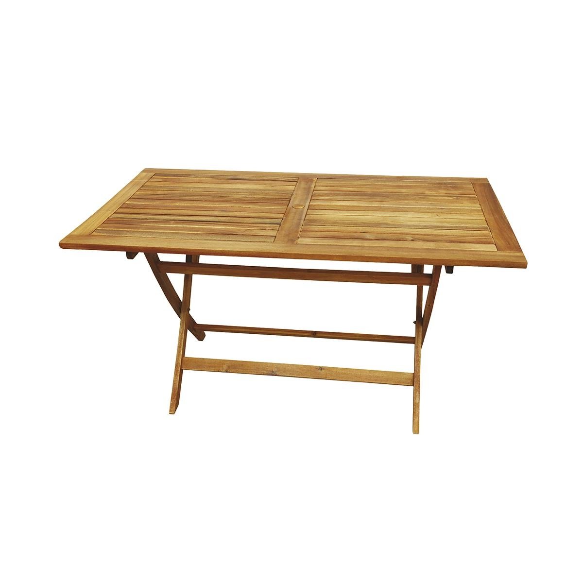 Mesa retangular dobrável em acácia com furo para guarda-sol Bali Promoção Mesa retangular dobrável em acácia com furo para guarda-sol Bali Promoção