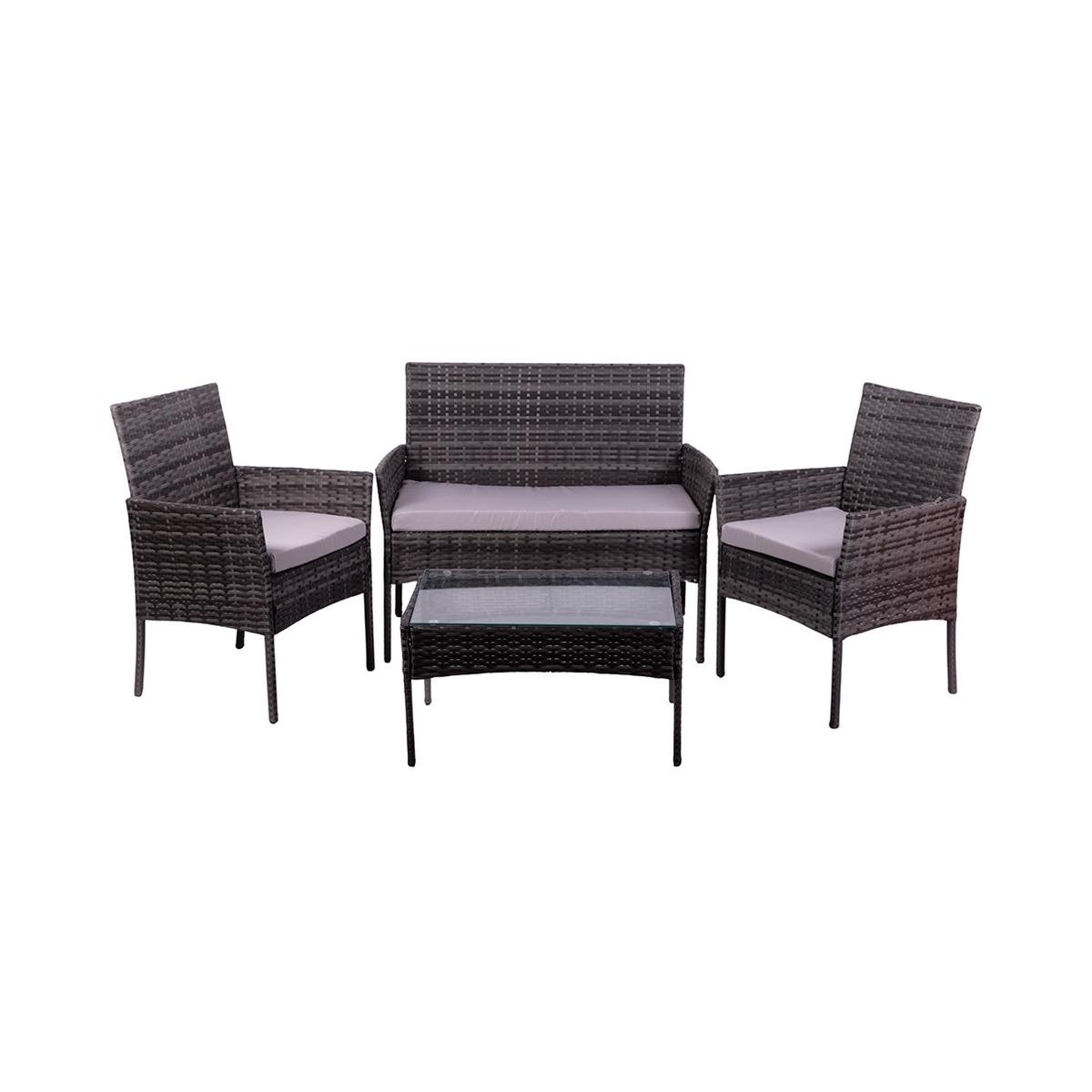 Conjunto de jardim em rattan com sofá, 2 poltronas e mesa com tampo de vidro Rodi Promoção Conjunto de jardim em rattan com sofá, 2 poltronas e mesa com tampo de vidro Rodi Promoção