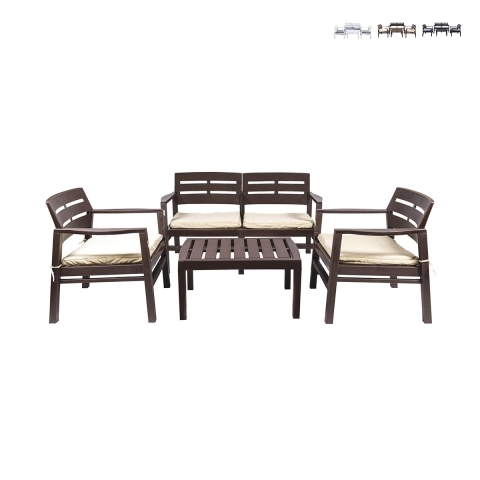 Conjunto de jardim exterior sofá 2 poltronas mesa efeito madeira Fij Promoção
