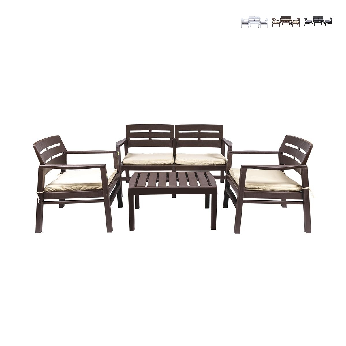 Conjunto de jardim exterior sofá 2 poltronas mesa efeito madeira Fij Promoção Conjunto de jardim exterior sofá 2 poltronas mesa efeito madeira Fij Promoção