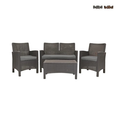 Conjunto de jardim com sofá de 2 lugares, poltronas e mesa de apoio, efeito rattan Malaga Promoção