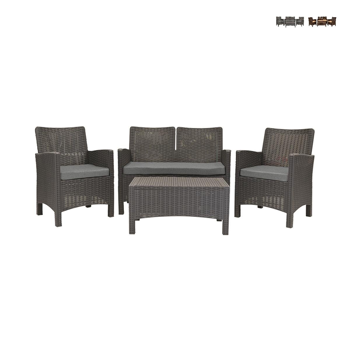 Conjunto de jardim com sofá de 2 lugares, poltronas e mesa de apoio, efeito rattan Malaga Promoção Conjunto de jardim com sofá de 2 lugares, poltronas e mesa de apoio, efeito rattan Malaga Promoção