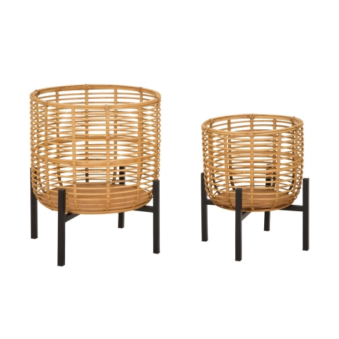 Conjunto de 2 suportes para vasos redondos em rattan com suporte em metal preto Zeyok Promoção