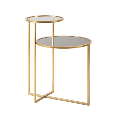 Mesa de café em metal dourado com 2 prateleiras em vidro fumê Mohana Promoção