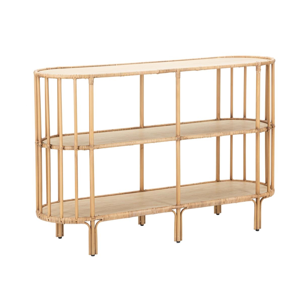 Consola de entrada em metal e rattan 3 prateleiras boho chic Panama Promoção Consola de entrada em metal e rattan 3 prateleiras boho chic Panama Promoção