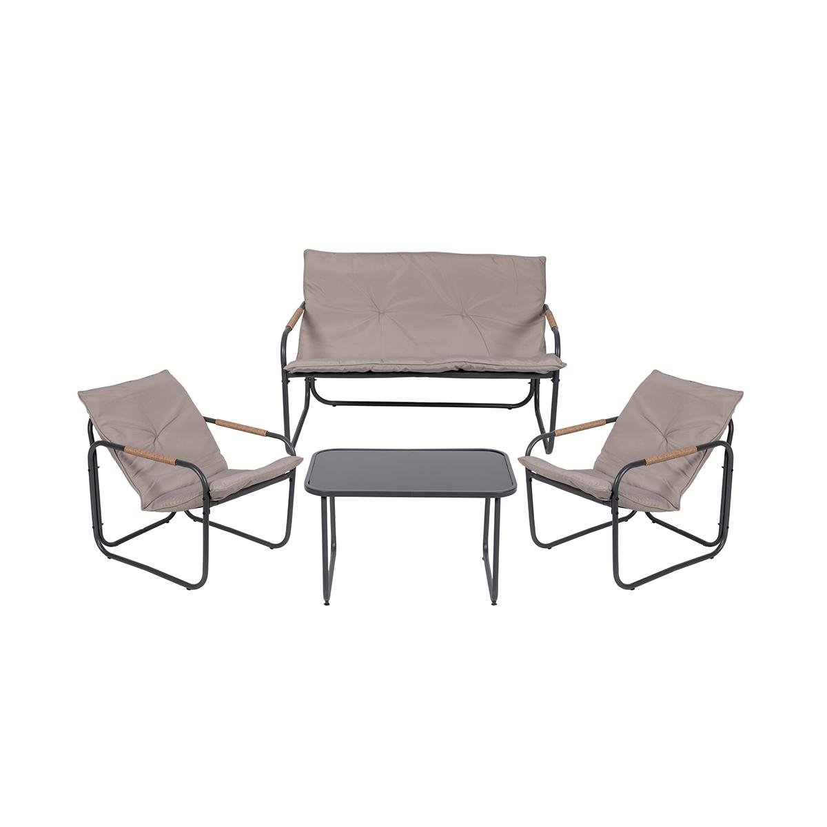 Conjunto de jardim 4 lugares aço mesa tampo em vidro almofadas Cannes Promoção Conjunto de jardim 4 lugares aço mesa tampo em vidro almofadas Cannes Promoção