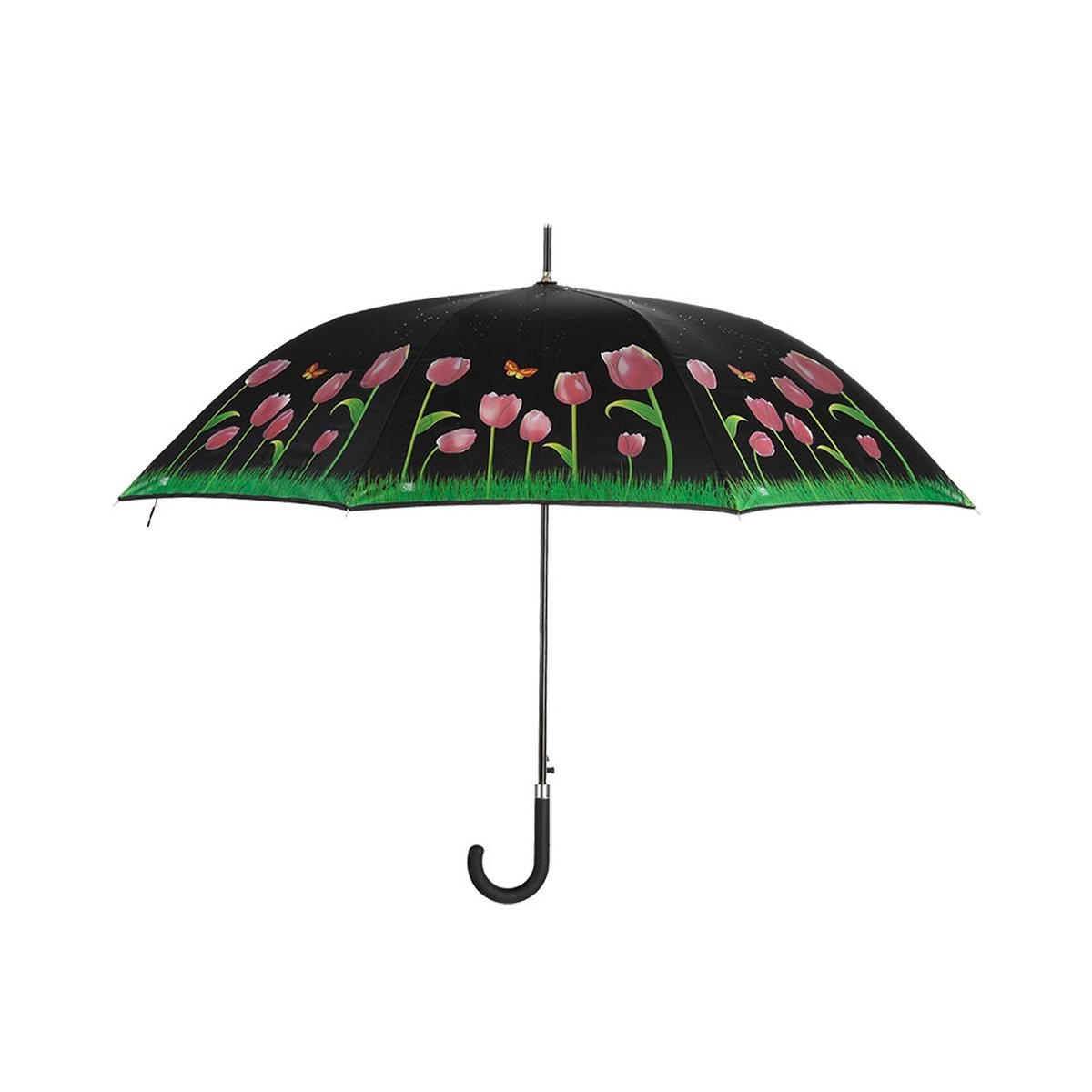 Guarda-chuva com tulipas que mudam de cor com a chuva