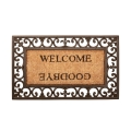 Tapete de entrada em borracha e coco com a inscrição Welcome Goodbye Promoção