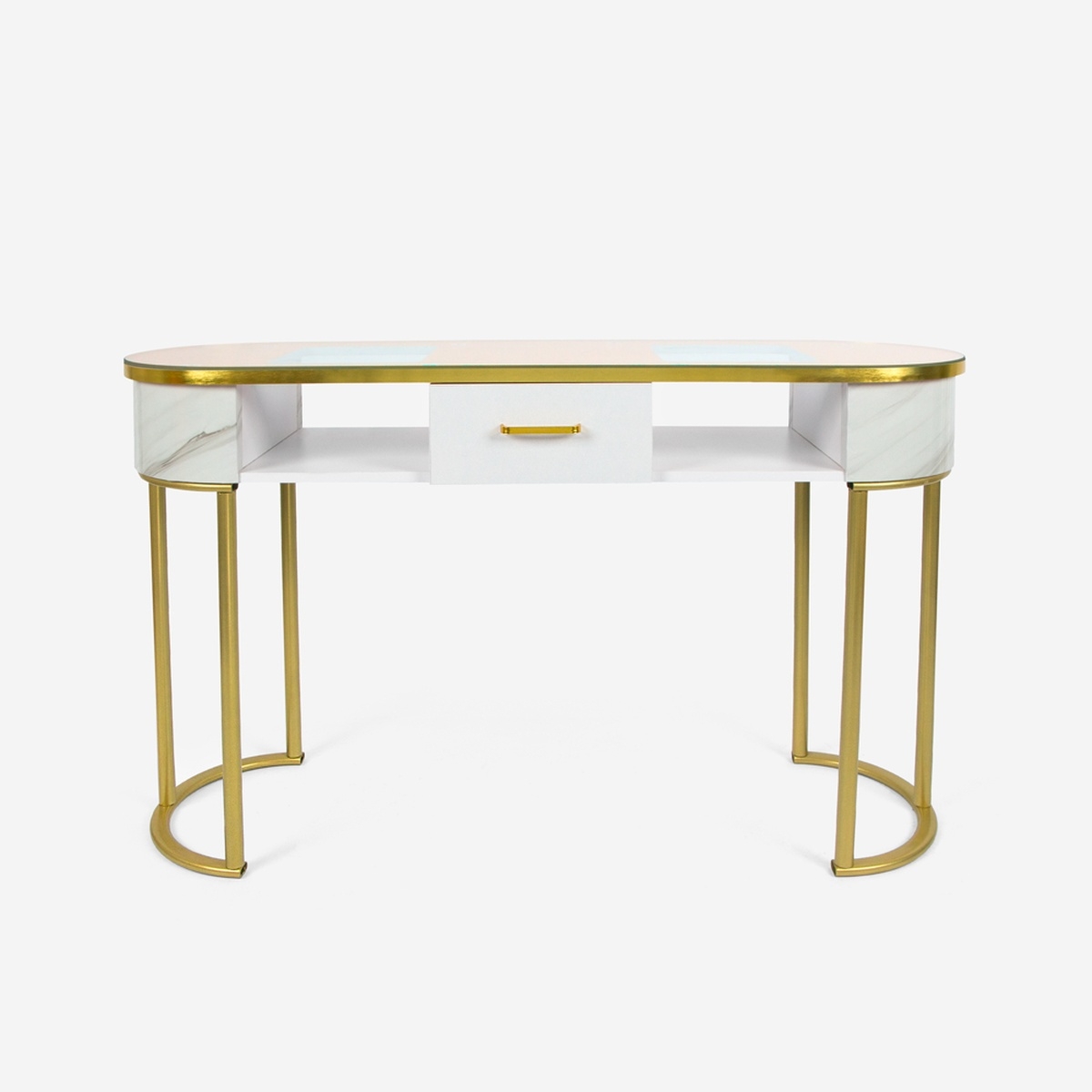 Consola mesa de esteticista em vidro e metal dourado efeito mármore Jess Promoção