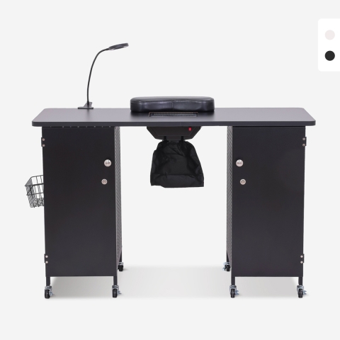 Mesa de manicure branca e preta com rodas, aspirador e lâmpada Talos Promoção