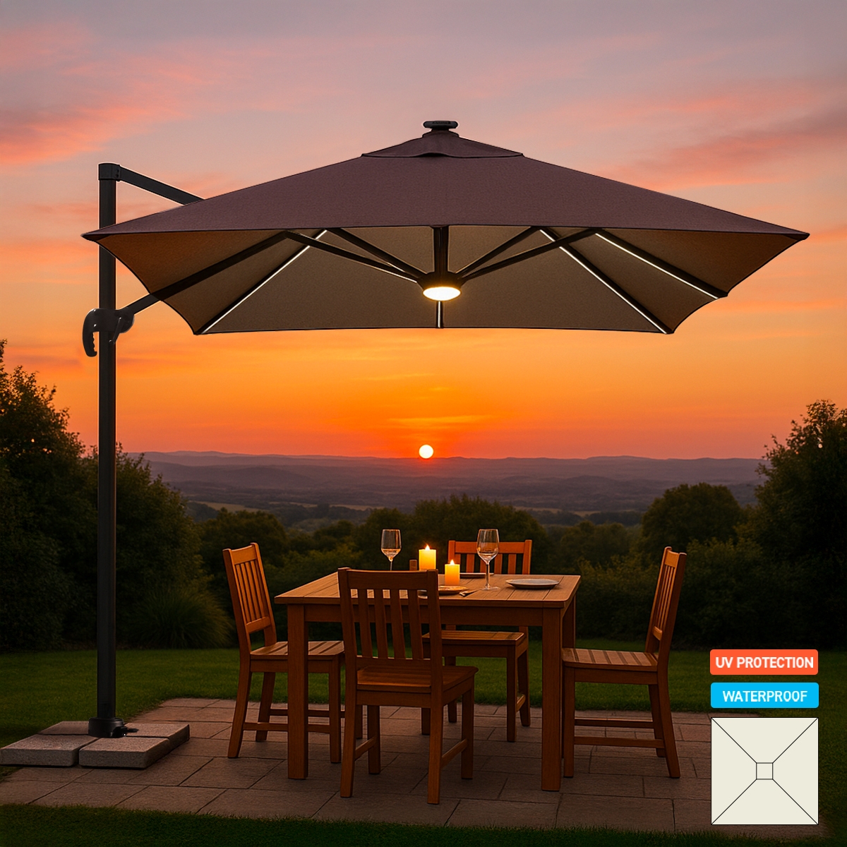 Guarda-sol com Braço Ajustável e Iluminação LED 3x3m Paradise Brown Light Promoção