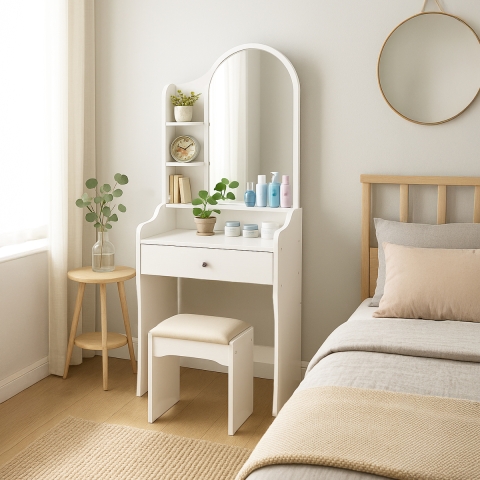 Toucador móvel de maquilhagem c/Espelho p/Quarto e Banco Flora Promoção