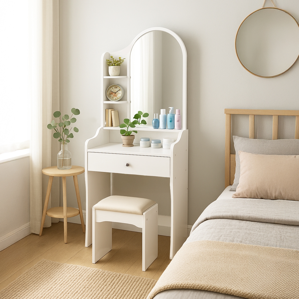 Toucador móvel de maquilhagem c/Espelho p/Quarto e Banco Flora Promoção