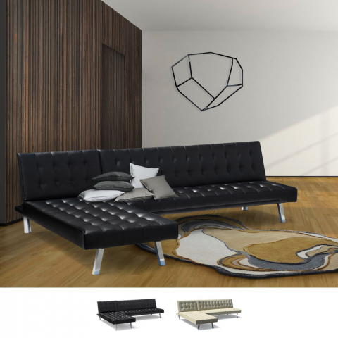 Sofá-cama com chaise-longue 3 lugares em pele sintética Zircone