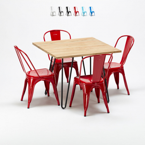 Mesa quadrada e cadeiras em metal e madeira industrial estilo tolix conjunto Tribeca
