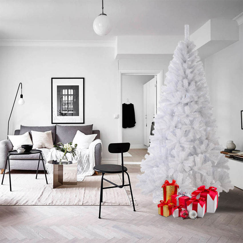 Árvore de Natal Branca Artificial com Neve 210cm Galhos Falsos em PVC Aspen
