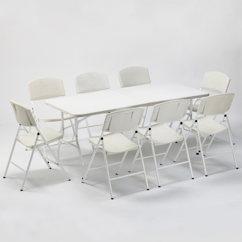 Conjunto de mesa retangular 200x90 e 8 cadeiras dobráveis de acampamento Davos