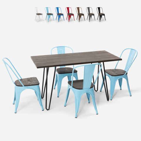 Conjunto de mesa retangular 120 x 60 com 4 cadeiras em aço e madeira estilo Tolix industrial Roger