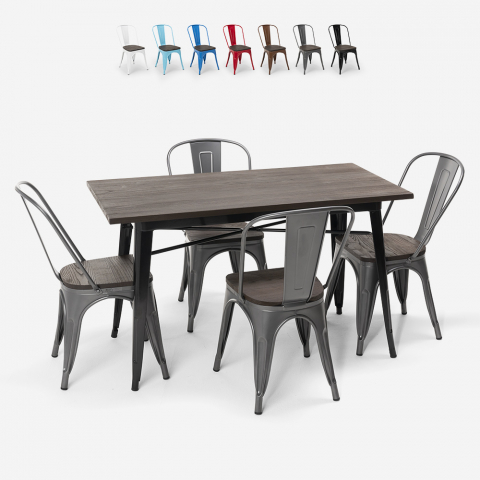 Conjunto de mesa retangular 120 x 60 com 4 cadeiras em aço e madeira estilo Tolix industrial Ralph