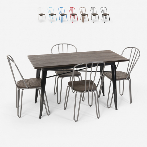 Conjunto de mesa retangular 120 x 60 com 4 cadeiras aço madeira design industrial Tolix Otis