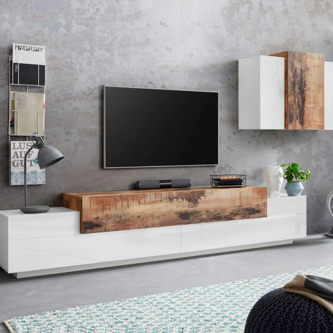 Unidade de parede de sala de estar em madeira branca com design moderno Corona Moby Promoção