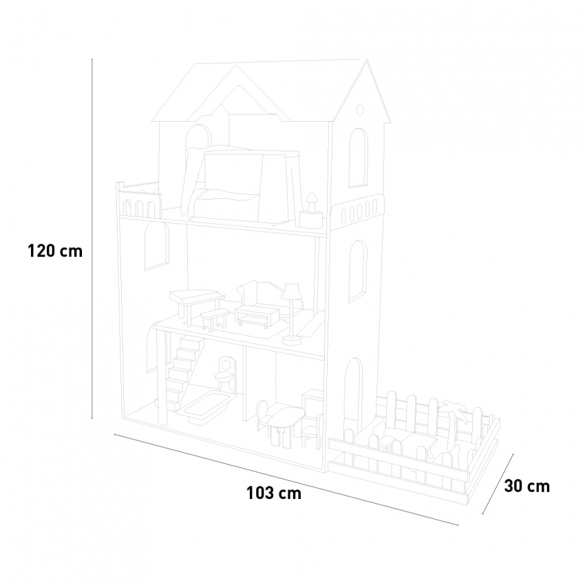 Pretty House XXL, Casa de Bonecas de Madeira de 3 andares com