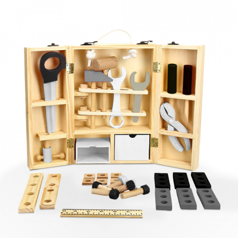 Caixa de ferramentas de brinquedos infantis com utensílios de madeira Mr Fix