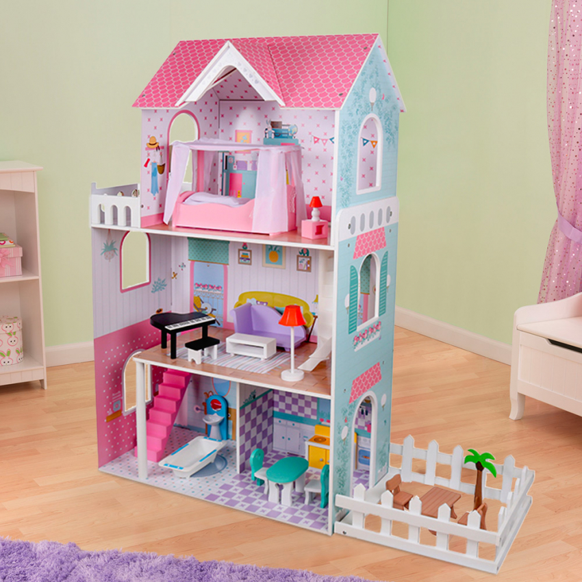 Casa delle bambole in legno 3 piani con accessori bambine Pretty House XXL Promozione