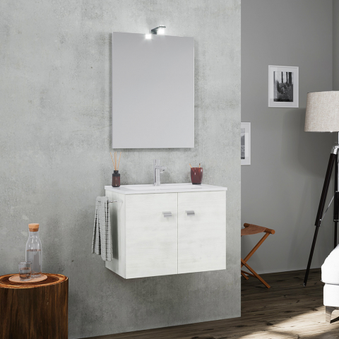 Armário de casa de banho com base suspensa 2 portas espelho lâmpada LED suporte de toalha de lavatório de cerâmica Vanern