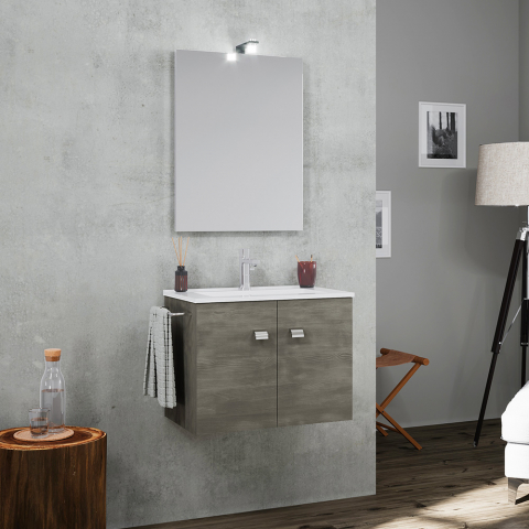 Gabinete de banheiro com base suspensa 2 portas toalheiro pia espelho de cerâmica lâmpada LED Vanern Noir