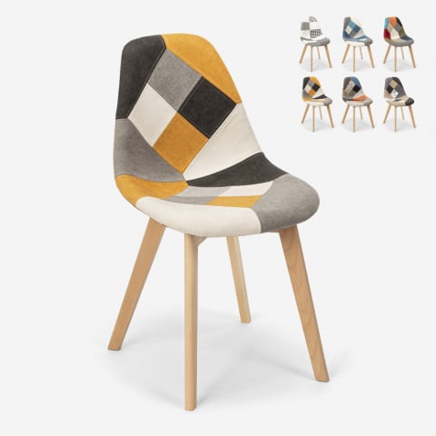 Cadeira de design nórdico madeira em patchwork e tecido de cozinha restaurante Robin bar