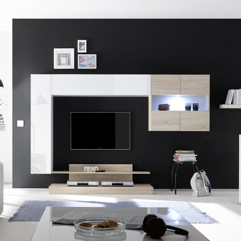 Unidade de parede moderna de madeira branca brilhante para TV Nice