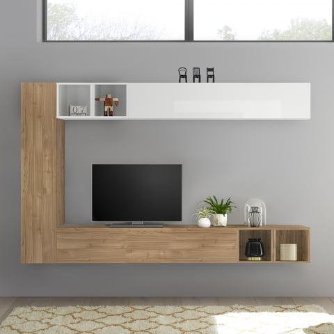 Unidade de parede de sala de estar com design moderno e suporte para TV de madeira branca clara Infinity 104