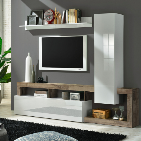 Moderno sistema de parede de gabinete de TV de madeira branca brilhante Hamburg