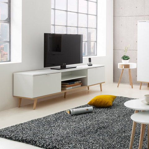 Móvel para TV branco de design escandinavo com 2 portas de madeira abertas Ekraan
