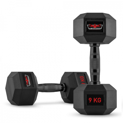 Conjunto de 2 halteres hexagonais cross training em borracha e aço 9 kg Goemon