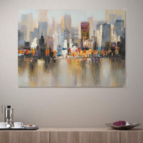Quadro paisagem urbana pintado à mão tela 120x90cm Reflected City