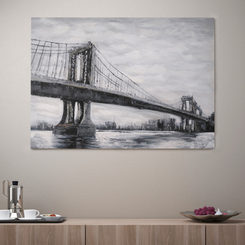 Quadro paisagem urbana pintado à mão tela 120x90cm Bridge Promoção
