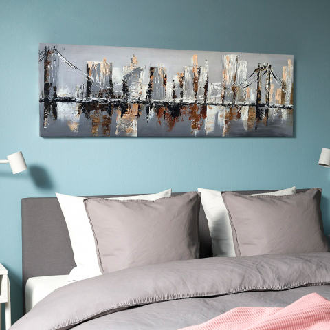 Quadro paisagem urbana pintado à mão tela 140x45cm Brooklyn Bridge Promoção
