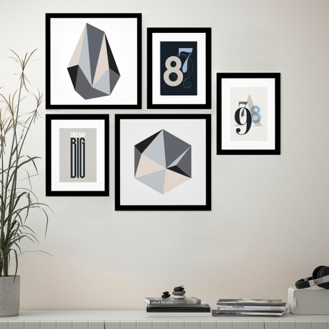 Conjunto de 5 pinturas design minimalista colagens emolduradas Frame B&W Promoção
