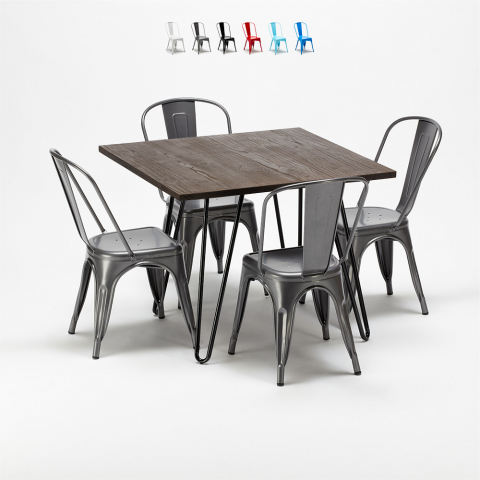 Conjunto Mesa Quadrada c/4 Cadeiras de Metal e Madeira Pigalle Promoção