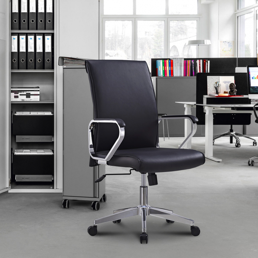 Mobiliário para home office: Cadeira giratória elegante e ergonómica em aço e pele sintética Cursus