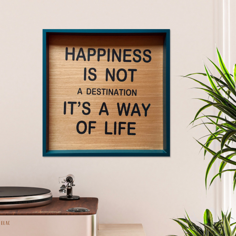 Imagem painel impresso sala de estar frases aforismos moldura 40x40cm Happiness Promoção