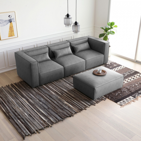 Sofá de 3 lugares modular moderno de tecido com puff Solv