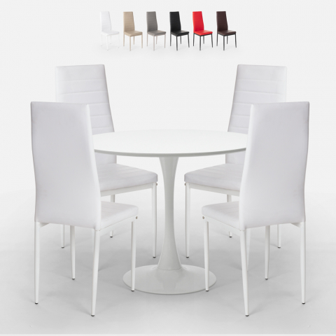 Mesa Redonda Branca c/4 Cadeiras Modernas de Couro, 80cm, Vogue Promoção