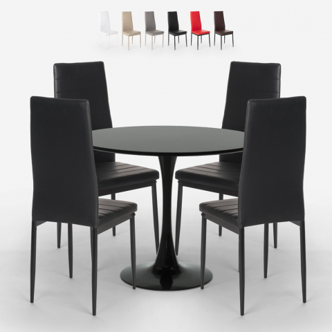 Mesa de design Tulipa redonda 80cm preta 4 cadeiras modernas de couro sintético Vogue Black