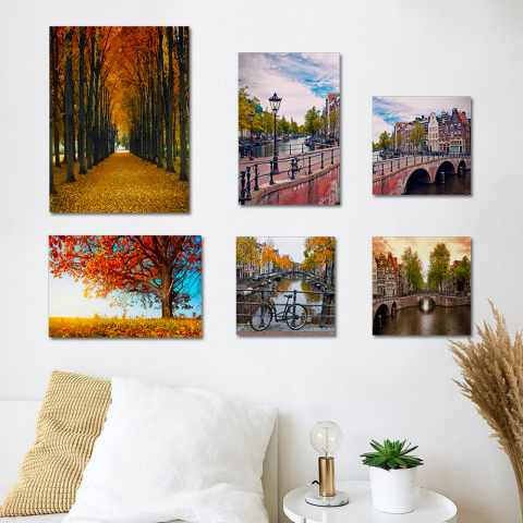 Set 6 impressões em tela canvas paisagem urbana quadros estrutura de madeira Autumn