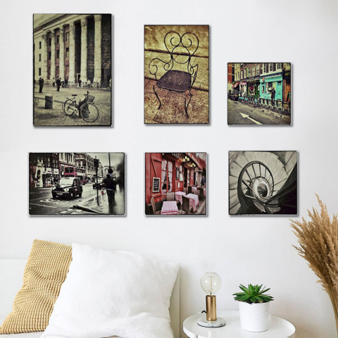 Set 6 impressões em tela canvas cidade quadros estrutura em madeira vintage Postcard
