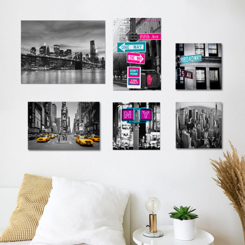 Set 6 impressões em tela canvas quadros cidade Nova York estrutura em madeira Big Apple Promoção