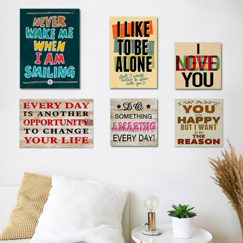 Set 6 impressões em tela canvas quadros frases aforismos estrutura de madeira Emozioni Promoção